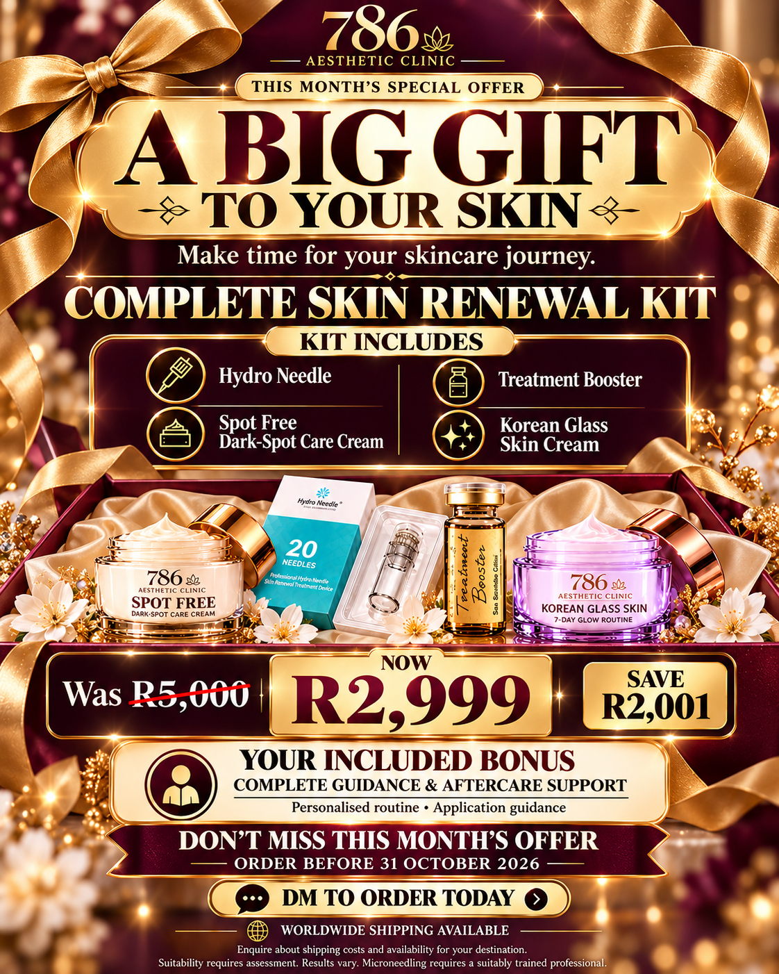 A Big Gift to Your Skin: complete kit with guidance and aftercare, R2999 October offer.