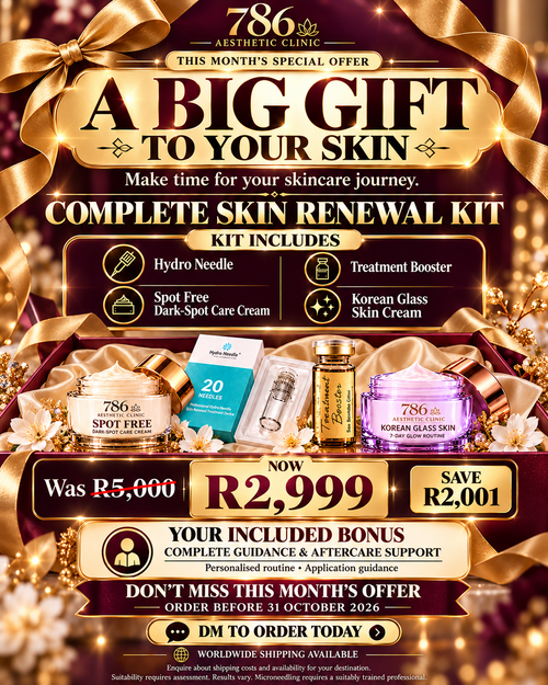 A Big Gift to Your Skin: complete kit with guidance and aftercare, R2999 October offer.