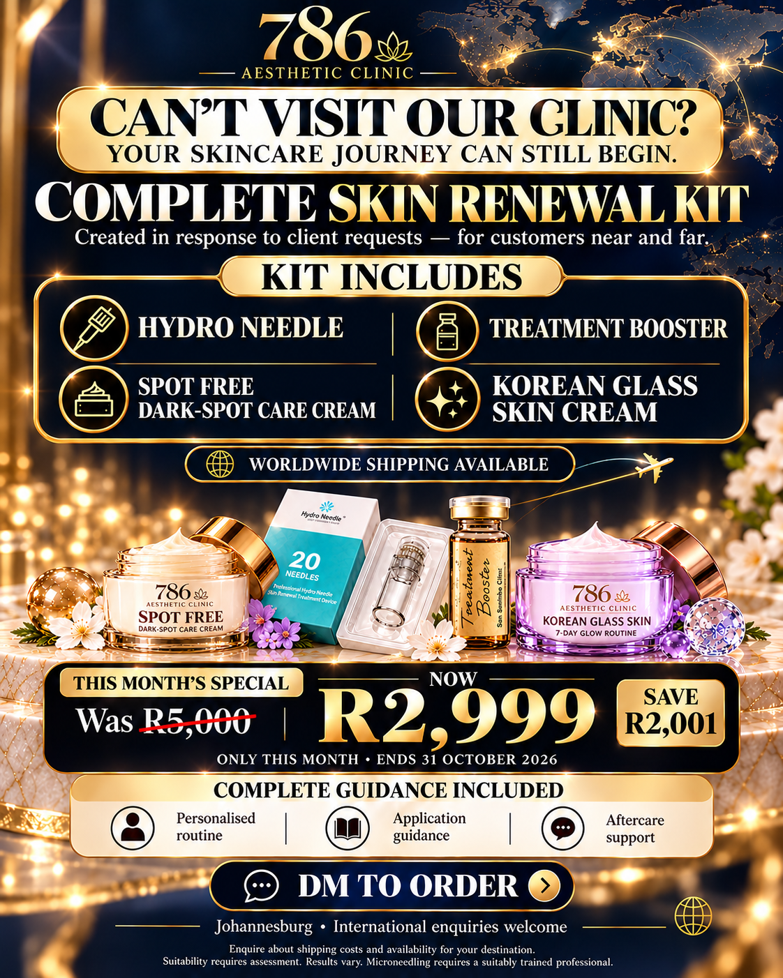 786 Complete Skin Renewal Kit: Hydro Needle, Treatment Booster, Spot Free Dark-Spot Care Cream and Korean Glass Skin Cream; October special R2999.