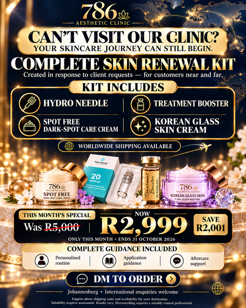 786 Complete Skin Renewal Kit: Hydro Needle, Treatment Booster, Spot Free Dark-Spot Care Cream and Korean Glass Skin Cream; October special R2999.